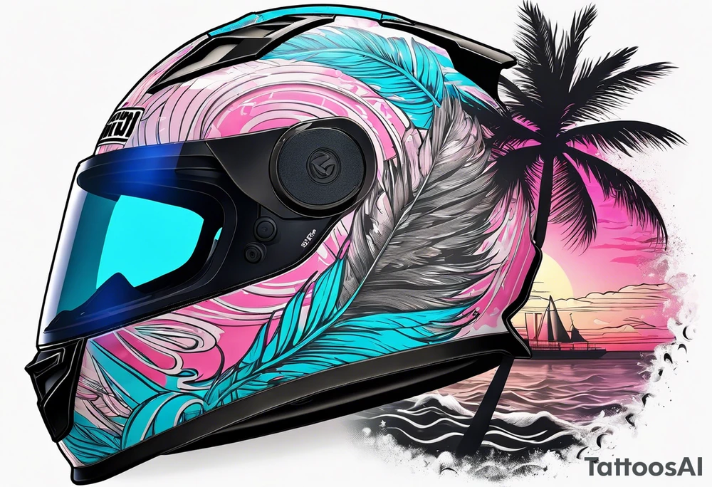 formula 1 helment with a palm tree and black light blue and pink colors tattoo idea