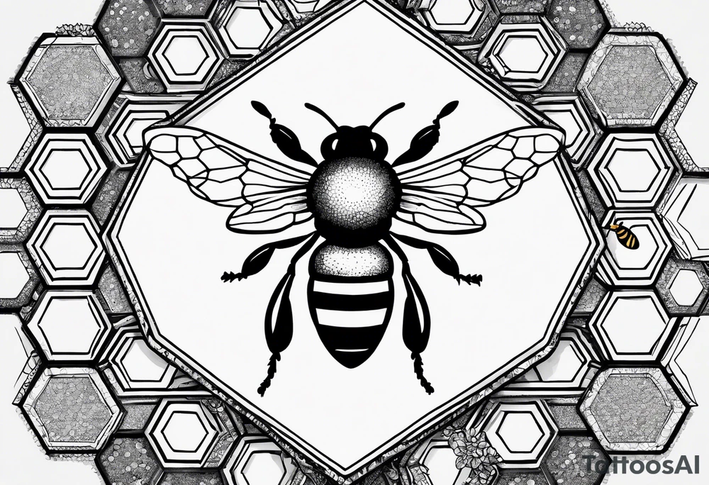 Bee surrounded by honeycombs but the honeycombs are made up of molecules like dopamine and serotonin and oxytocin tattoo idea