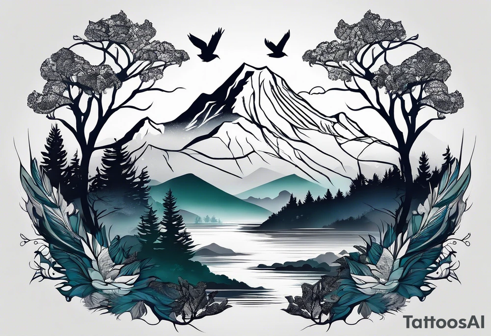 A mountain scape with trees. 5 silhouettes of birds. tattoo idea