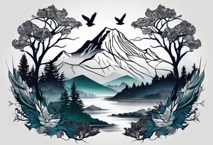 A mountain scape with trees. 5 silhouettes of birds. tattoo idea