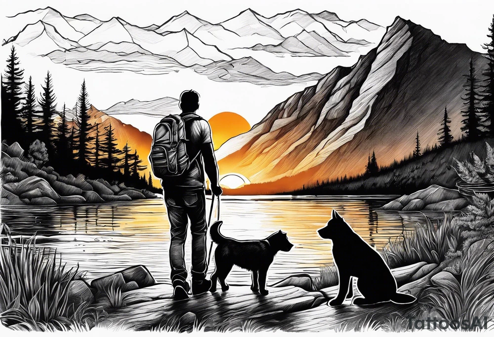 nature, sunset, mountains, a father and son hiking with their dog and cat by the water tattoo idea