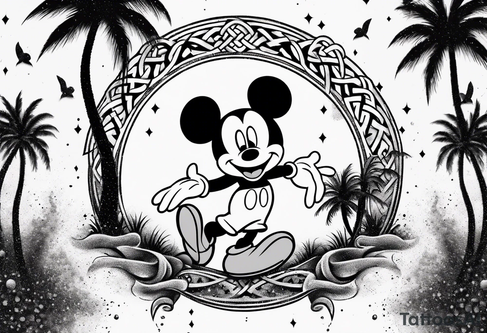 mickey mouse in a lightning storm with palm trees and the celtic symbol for family tattoo idea
