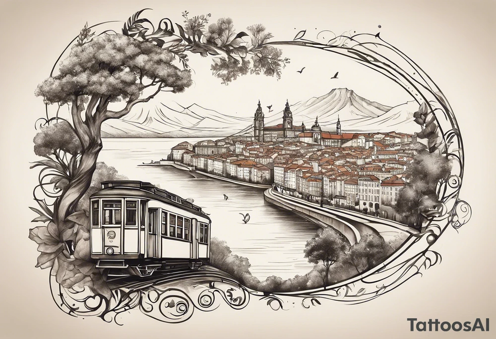 Create a tattoo design that symbolizes the connection between a family spread across Lisbon and Deggendorf, with a central figure who travels between the two. Incorporate the names, elements representing both countries' cultures and landmarks, linked by a path or journey motif. The design should evoke feelings of unity, distance, and the bond of family. tattoo idea
