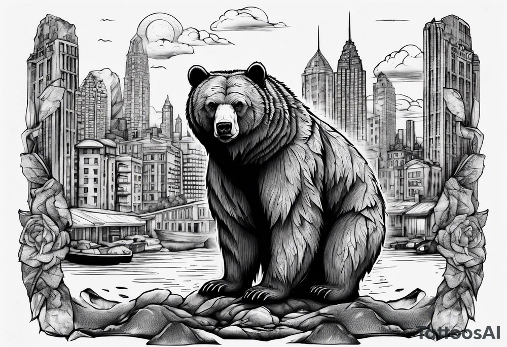 Serious bear coming up behind a city tattoo idea