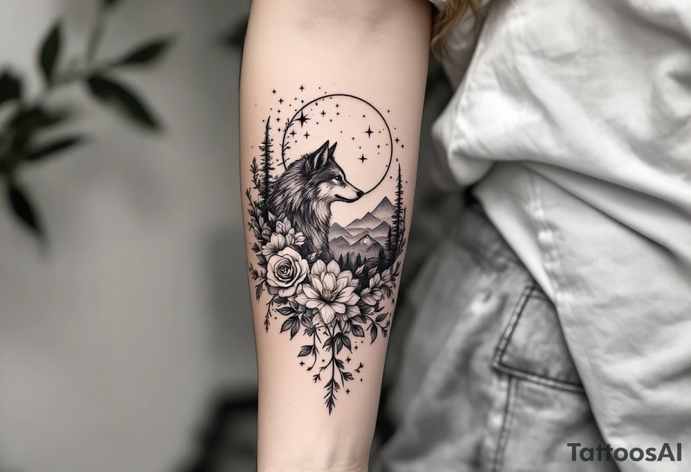 Rose vine with wolf, moon and stars mountains wrap around tattoo idea