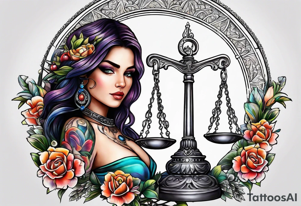 Intricate libra scales held by a beautiful woman tattoo idea