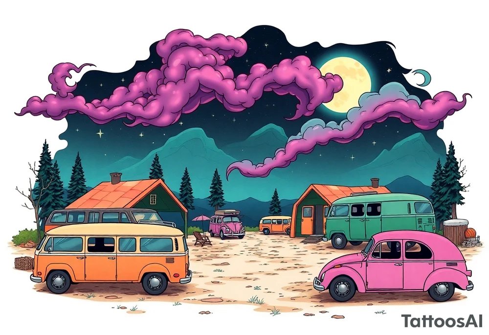 Tim Burton’s hippie commune outside view has lots of cute pastel volkswagon vans and cars  and dripping with muted reds, dusty pinks, and eerie green glow purple and cyan smokey clouds swirl and dance in the moonlit night sky filled with twinkling stars  tattoo idea tattoo idea