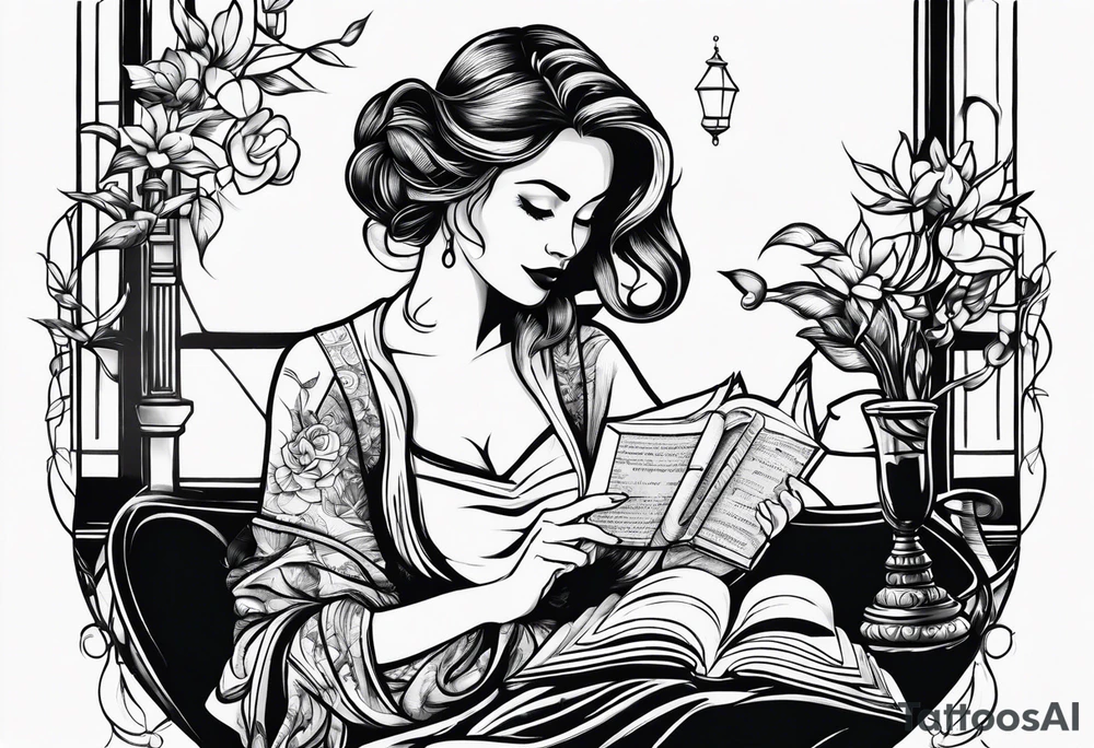 A women drinking wine and reading a book tattoo idea