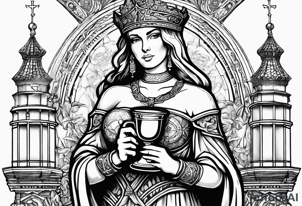 Saint Barbara holding a chalice with a tower beside her tattoo idea