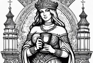 Saint Barbara holding a chalice with a tower beside her tattoo idea