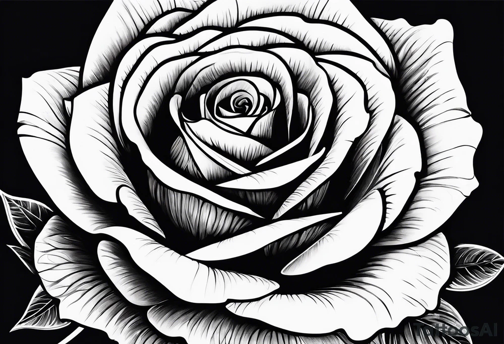 Bloomed rose attached with female body, kneeling tattoo idea