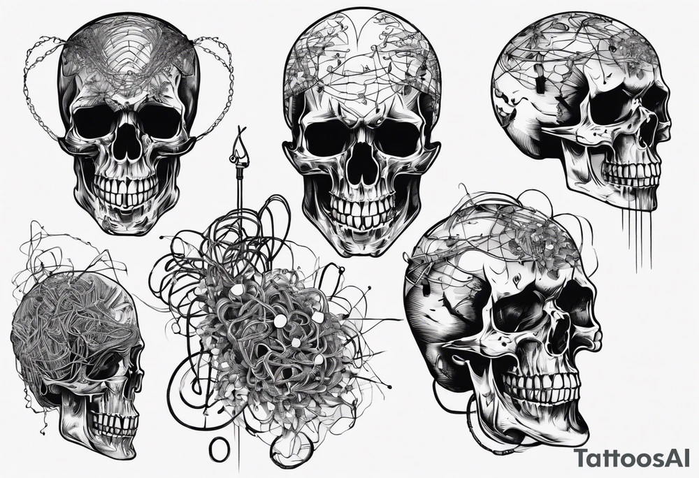 Skull covered in wires tattoo idea