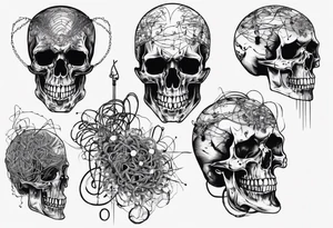 Skull covered in wires tattoo idea