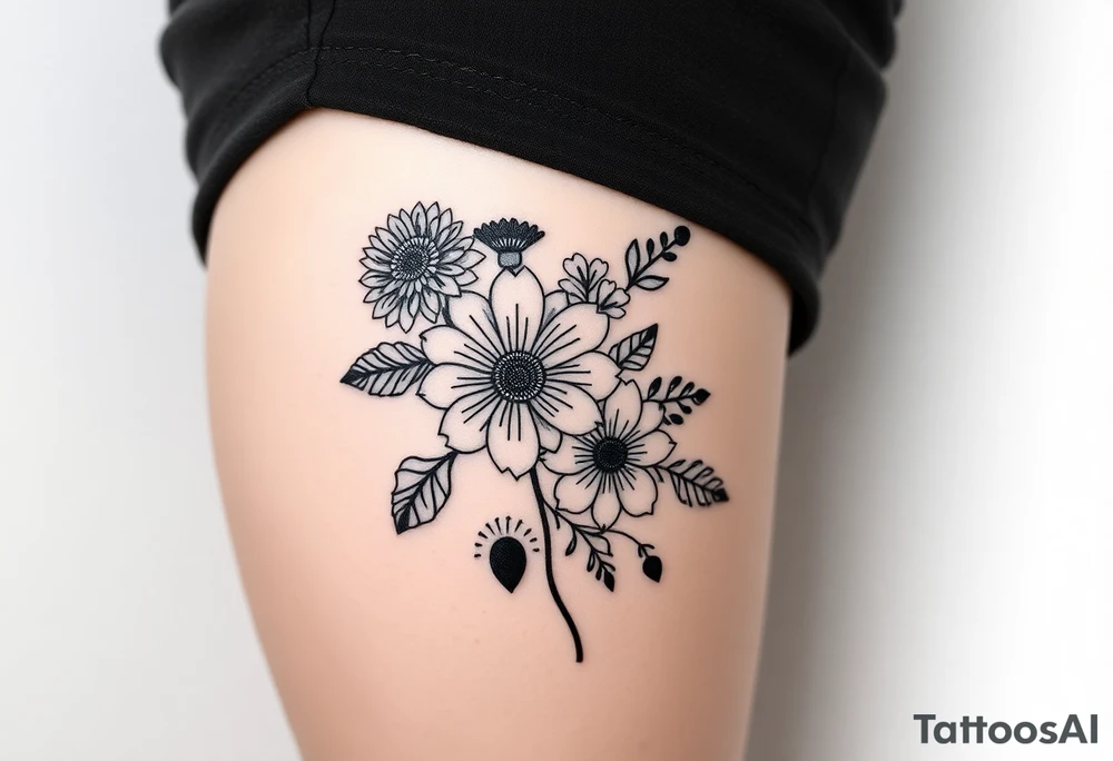 Honeysuckle, marigold, chrysanthemum, and violet bouquet tattoo idea