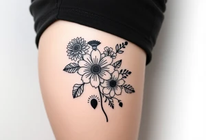 Honeysuckle, marigold, chrysanthemum, and violet bouquet tattoo idea