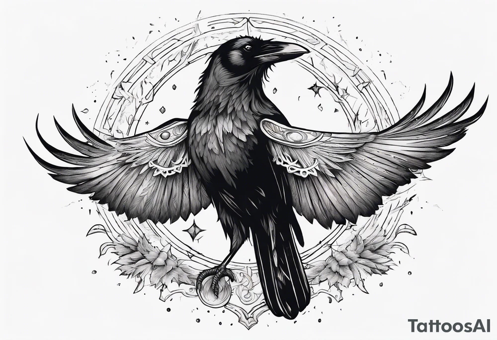 Cunning Raven wearing a Crown flying towards the Sun. Mystic. tattoo idea