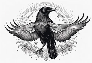 Cunning Raven wearing a Crown flying towards the Sun. Mystic. tattoo idea
