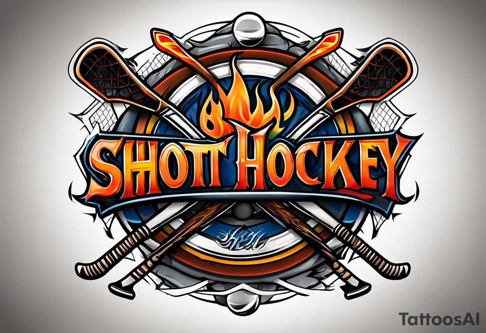 puck with crossed hockey sticks in the background and flames that says "SHOT HOCKEY" tattoo idea