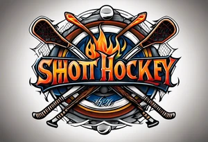 puck with crossed hockey sticks in the background and flames that says "SHOT HOCKEY" tattoo idea