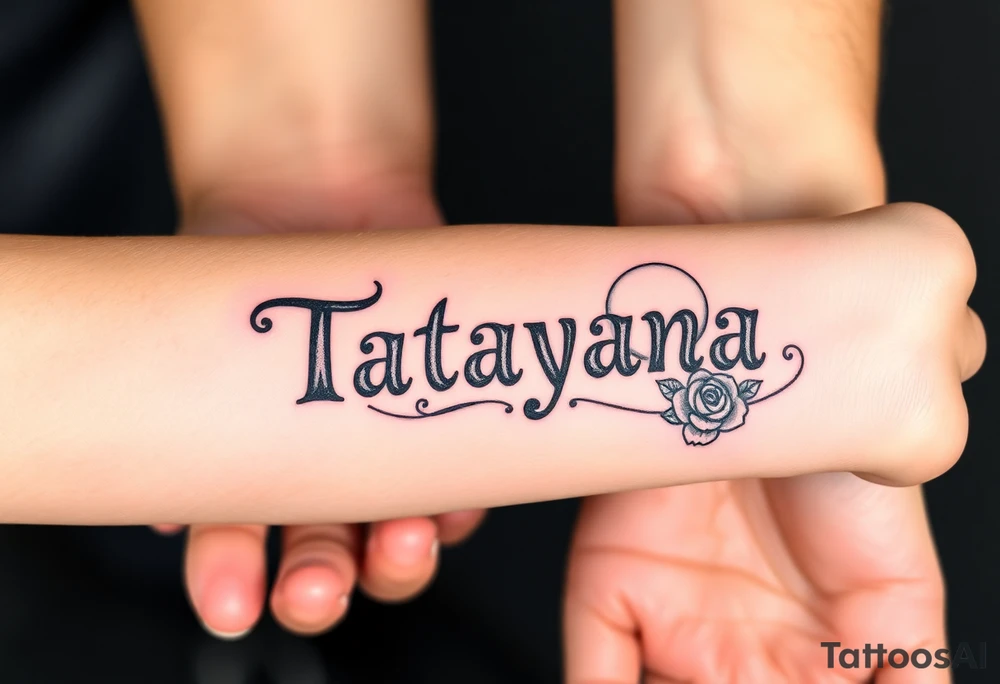 Tatayana name tattoo for a father using old English lettering and roses or sun and moon tattoo idea