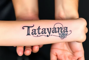 Tatayana name tattoo for a father using old English lettering and roses or sun and moon tattoo idea