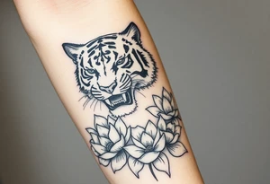 fierce tiger emerging through blooming lotus flowers in mist ganzer unterarm tattoo idea