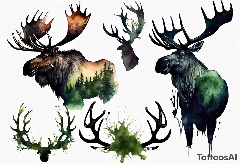dark shadow birds perched on the antlers of a giant moose covered in moss tattoo idea