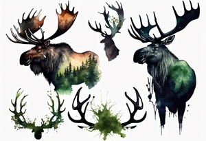 dark shadow birds perched on the antlers of a giant moose covered in moss tattoo idea