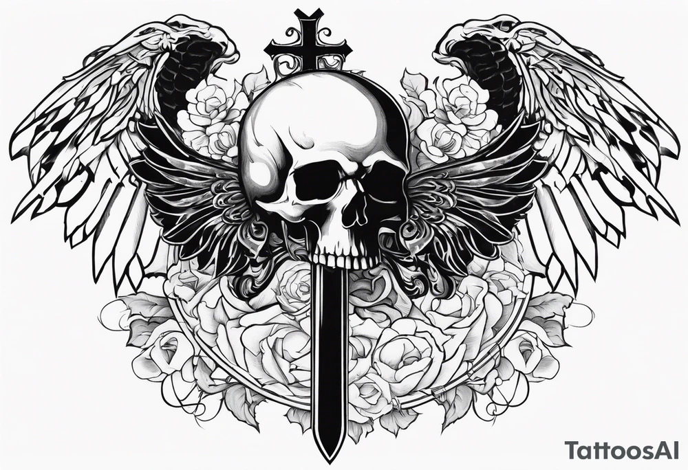 In the center is a half skull pierced by a large sword. On either side of the skull, there are spread angel wings, Beneath the skull is a ribbon cross elements on that, ribbon weaves through both the skull and the sword tattoo idea