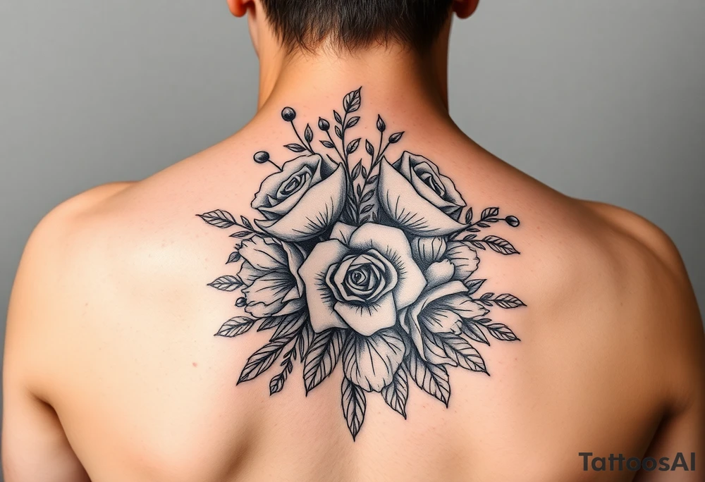 vintage bouquet of wild roses and meadow flowers with morning dew tattoo idea