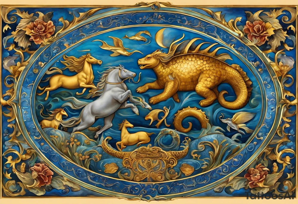 the tatto will be large in the middle there are sea horses pulling a chariot they are the mythical beast castor and phalox, on the upper right is a blue nose and a rock sourrounded by water, on the upper left is a turtle with a golden shell and on the bottom is a ribbon with a sparrow on each side holding it up tattoo idea