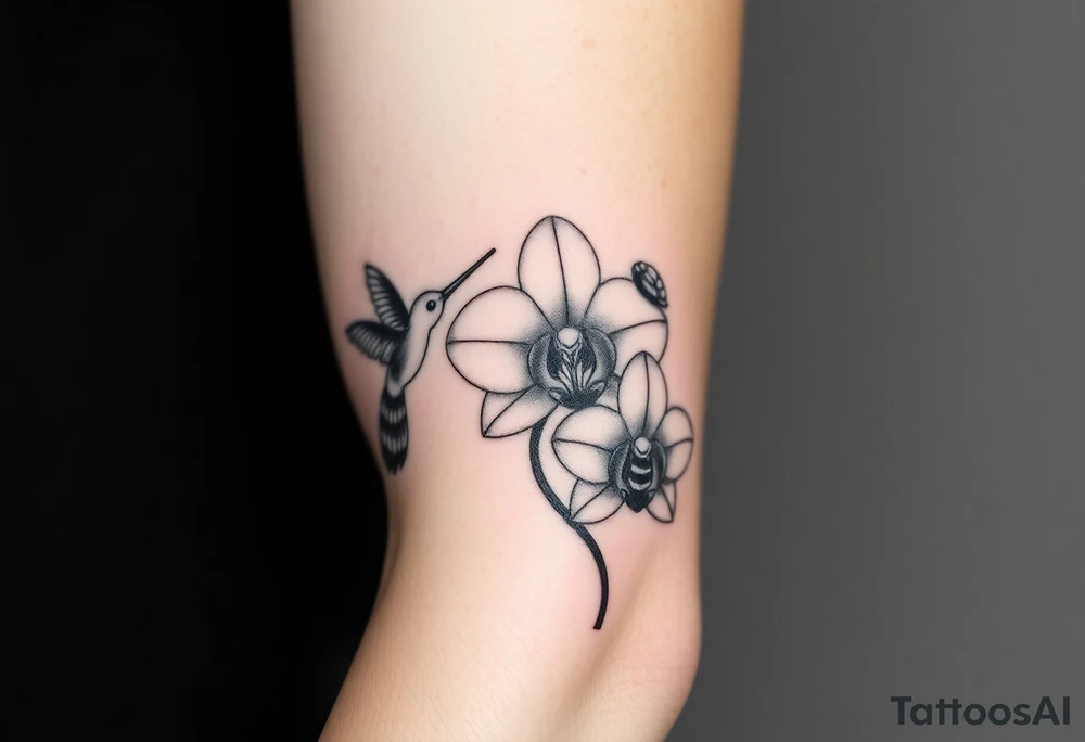 A delicate, black and white fine-line tattoo for male, featuring gracefully detailed 2 orchids in full bloom including their stems, with soft, intricate petals and elegant curves. Beside it, a hummingbird hovers mid-flight, its wings drawn with subtle motion lines, its slender beak reaching toward the orchid’s center to drink its nectar. on the other flower there is a bee that is resting tattoo idea
