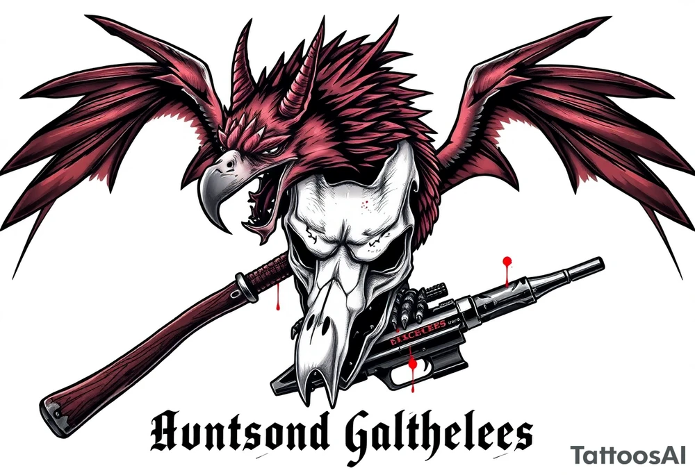 Rabid demon wolf dragon evil eagle's skull on standing on a  futuristic gun sword hatchet are  "hunters and gatherers"written in bloody olde English tattoo idea