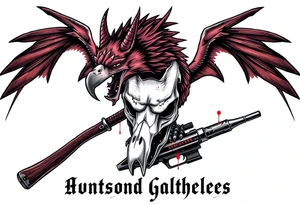 Rabid demon wolf dragon evil eagle's skull on standing on a  futuristic gun sword hatchet are  "hunters and gatherers"written in bloody olde English tattoo idea