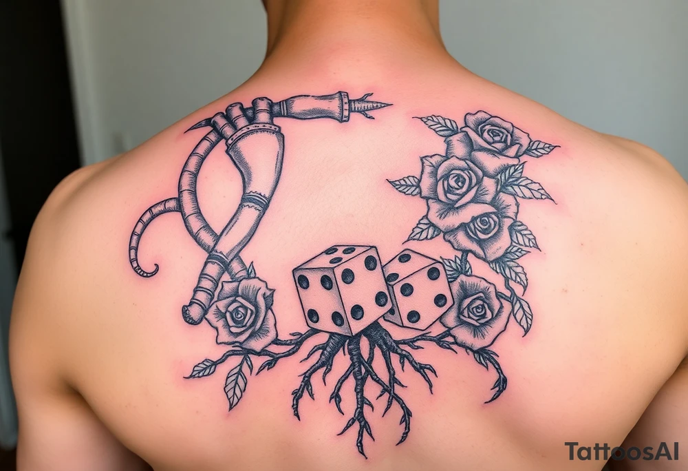 Gods hand, squid, knight with roses and tree roots rolling dice tattoo idea