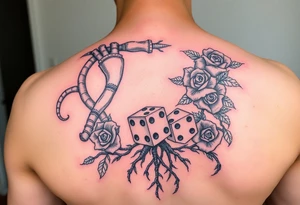 Gods hand, squid, knight with roses and tree roots rolling dice tattoo idea