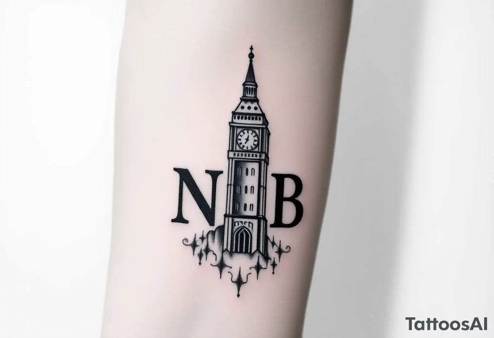 clock tower with the the word NLB tattoo idea