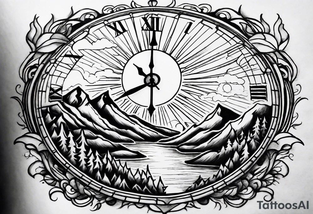 Half sleeve. View from the base of the mountains looking up to the sun. The sun is a clock that reads 12:01 to signify a new day. I want a clock tower in the middle of the mountains with the times my two sons were born. This tattoo represents overcoming massive obstacles and becoming a better person. tattoo idea