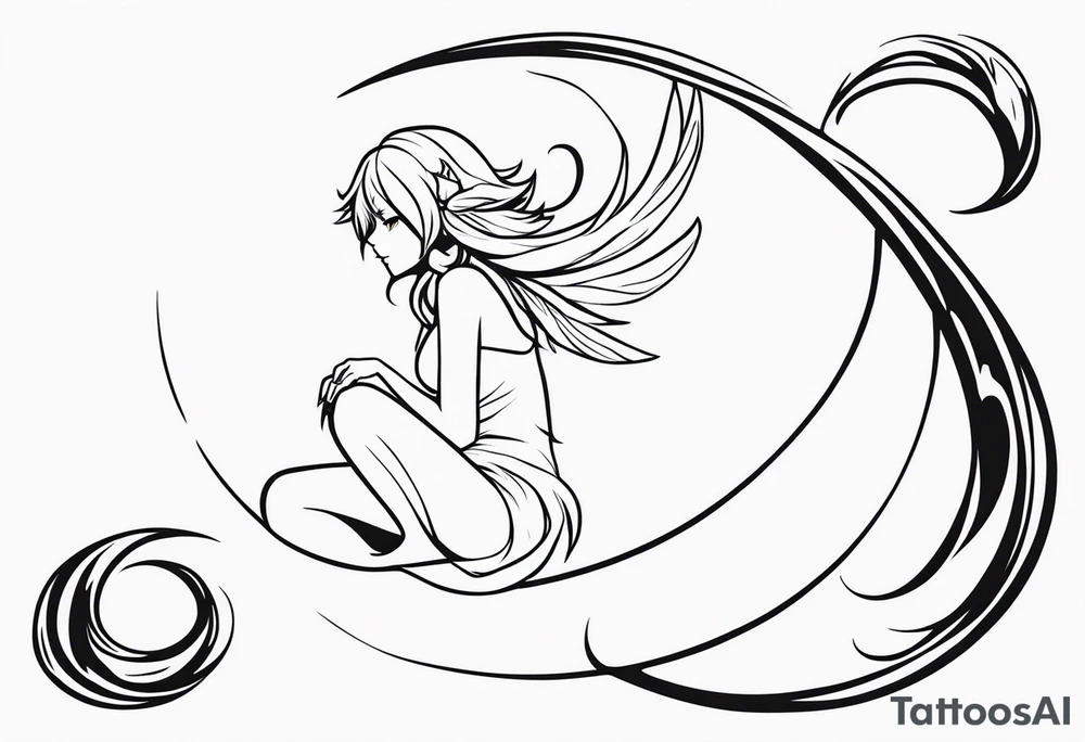 No color fairy with a tail inspired by the guild symbol in the anime show called Fairy Tail in a fetal position leaning in and forward while crawled in tattoo idea