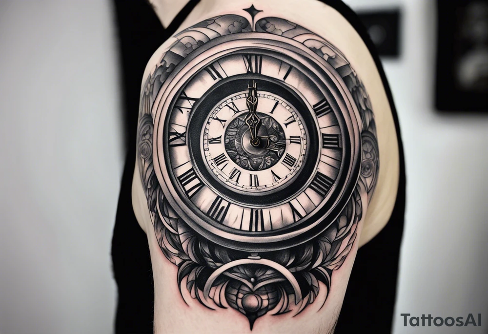 Draw me a tattoo located on the shoulder and upper arm of a man. The tattoo represents a clock in an hourglass with Roman numerals in the background. It is a symbol of the passing of time. tattoo idea