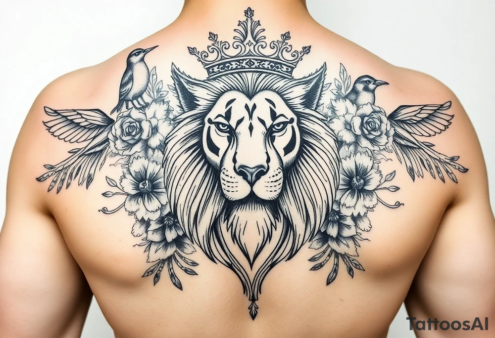 powerful majestic lion with a crown, surrounded by floral ornaments and birds tattoo idea