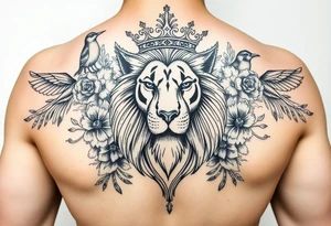 powerful majestic lion with a crown, surrounded by floral ornaments and birds tattoo idea