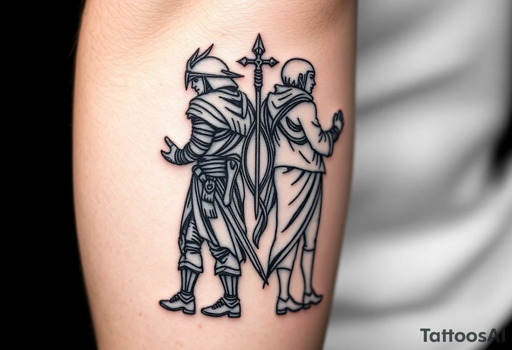 Warrior and Peace standing back to back tattoo idea
