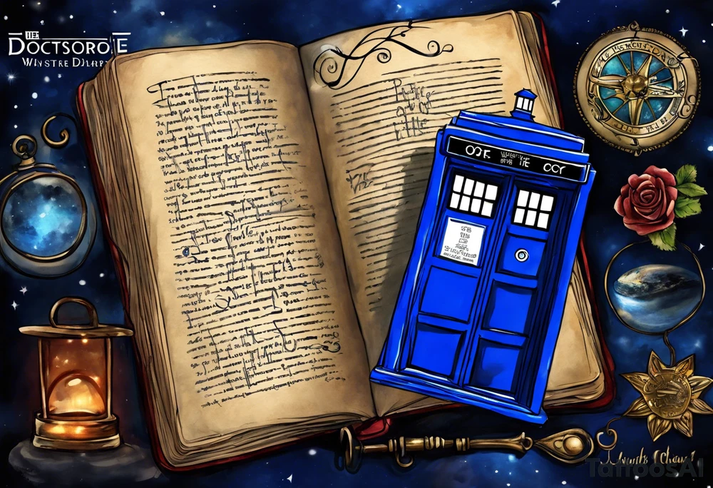 River songs diary from doctor who with the words "We're all stories in the end" I want just the TARDIS blue diary and those words in ribbons or something around the diary tattoo idea