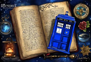 River songs diary from doctor who with the words "We're all stories in the end" I want just the TARDIS blue diary and those words in ribbons or something around the diary tattoo idea