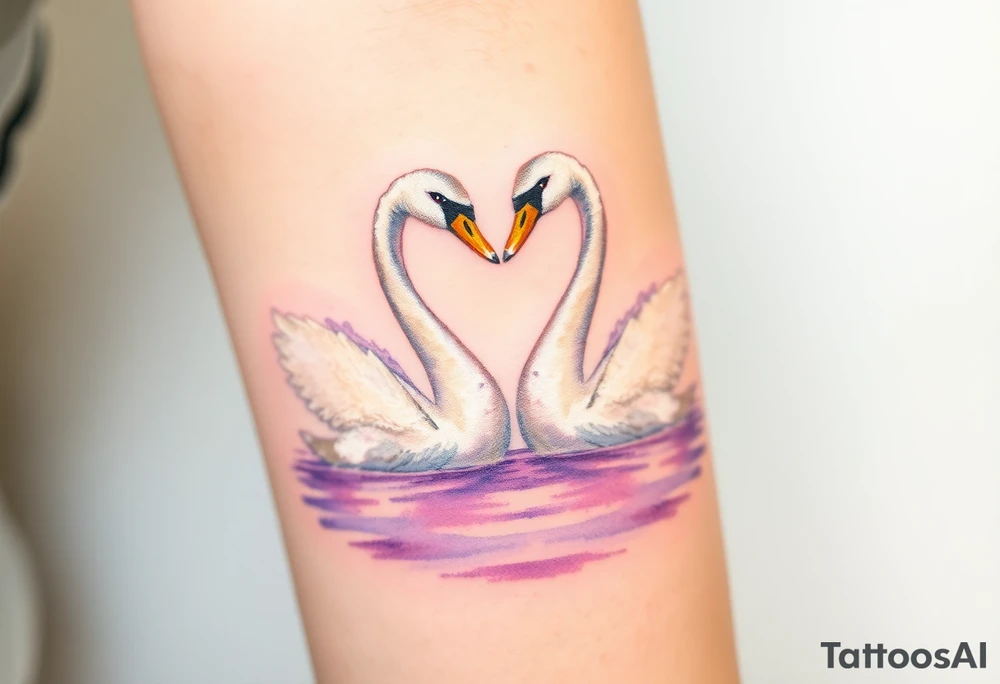 Two swans in graceful white with golden beaks, forming a heart with their necks, floating on a shimmering lavender-hued lake tattoo idea