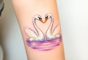 Two swans in graceful white with golden beaks, forming a heart with their necks, floating on a shimmering lavender-hued lake tattoo idea