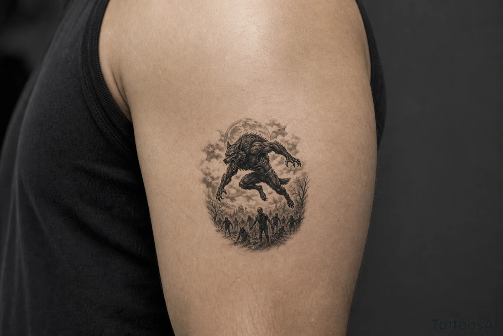 Dynamic silhouette of a werewolf jumping, with a distant zombie horde below. tattoo idea