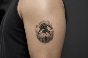 Dynamic silhouette of a werewolf jumping, with a distant zombie horde below. tattoo idea