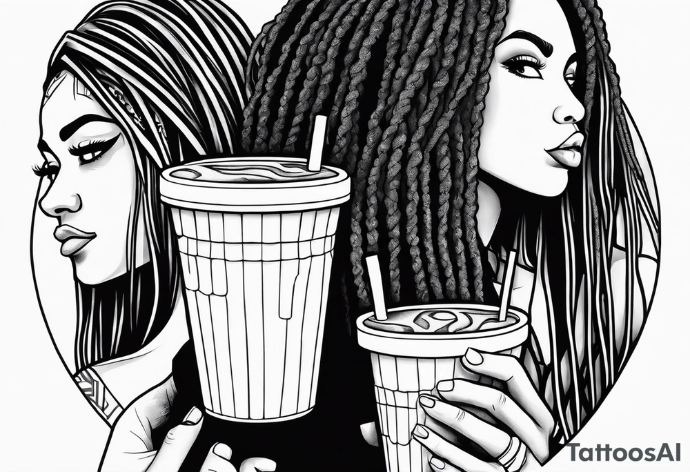 Black guy with dreads inside a foam cup with two girls tattoo idea
